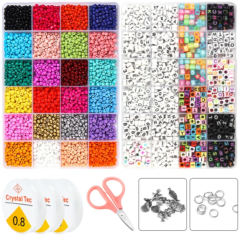 

2 Boxes Seed Beads Set Letter Beads & Random Pendant Beginner Jewelry Making Kit Set with Clear Strings for DIY Craft Bracelet