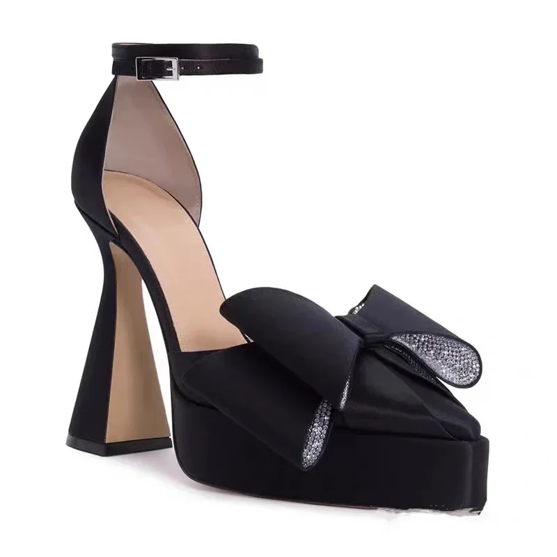 

ladies party wedding luxury shoes 140mm Le Cadeau satin platforms ankle strap buckle crystals Bow women brand high heels