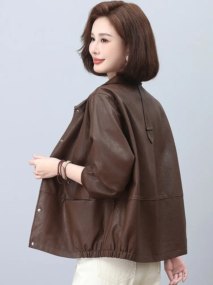 Stylish Large Size Middle-Aged Mom Leather Jacket Casual Loose Fit Turn-down Collar Women's Spring Autumn Versatile Top