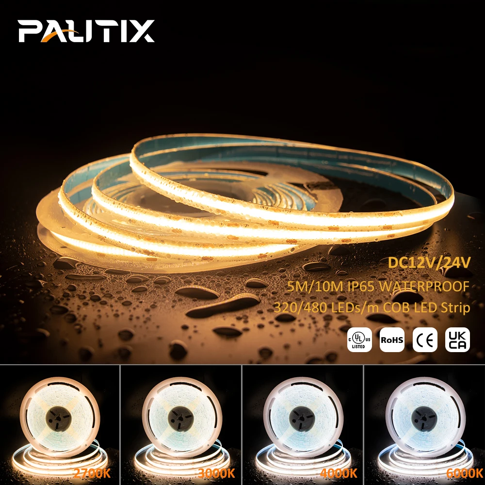 

PAUTIX COB LED Strip IP65 Waterproof 5m 10m DC12V/24V 320 480LEDs/m Flexible Dimmable High Density 2700K-6000K Led Strip Lights