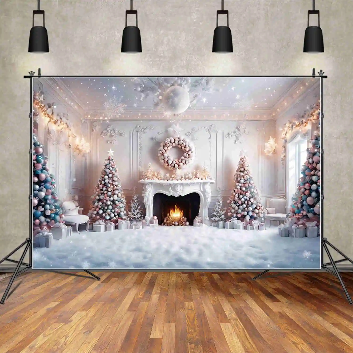 

MOON.QG Christmas Trees Backdrops Vintage Western Wreath Fireplace Living Room Backgrounds Party Decorations Photography Props