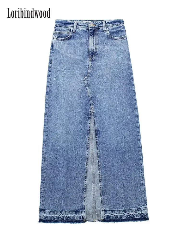 

Women Fashion Denim Blue Solid Front Zipper Slit Maxi Skirt Vintage High Waist Female Chic Lady Skirt Long Skirt