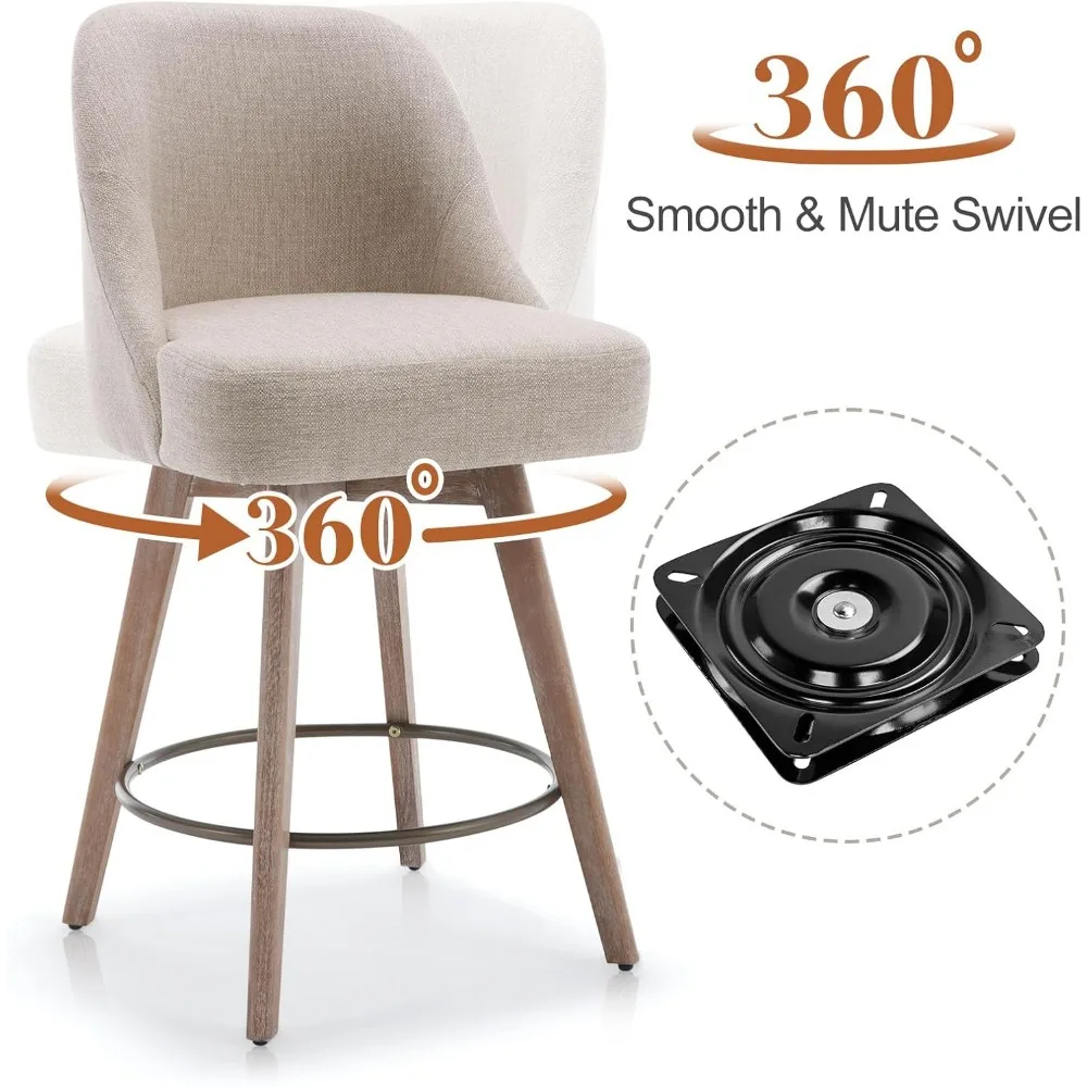 Counter Height Bar Stools Set,Modern Mid-Century Swivel Barstools with Backs and Wood Legs,Linen Fabric Upholstered Chairs