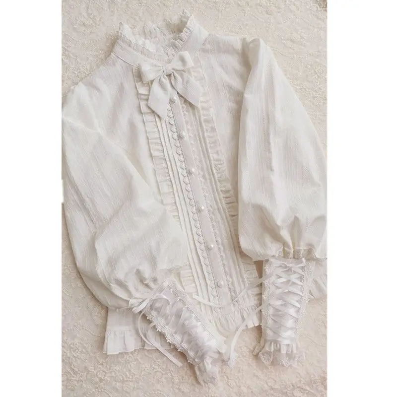 QWEEK Lace White Shirt Women Lolita Style Gigot Sleeve Beautiful Blouses Japanese Long Sleeve Ruffle Pleated Tops Kawaii Clothes