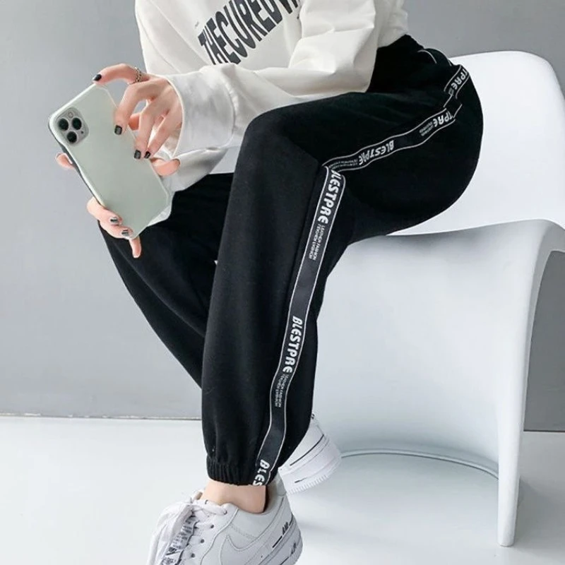 Women Gray Side Stripe Joggers High Waist Loose Lantern Leg Sweatpants