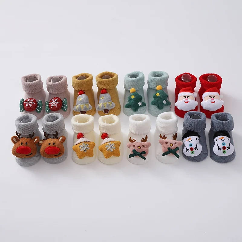 Newborn Christmas Socks Slipper Non-slip Socks Kids Winter Warm Fuzzy Holiday Socks Crew Xmas Socks for Baby Girl Boy