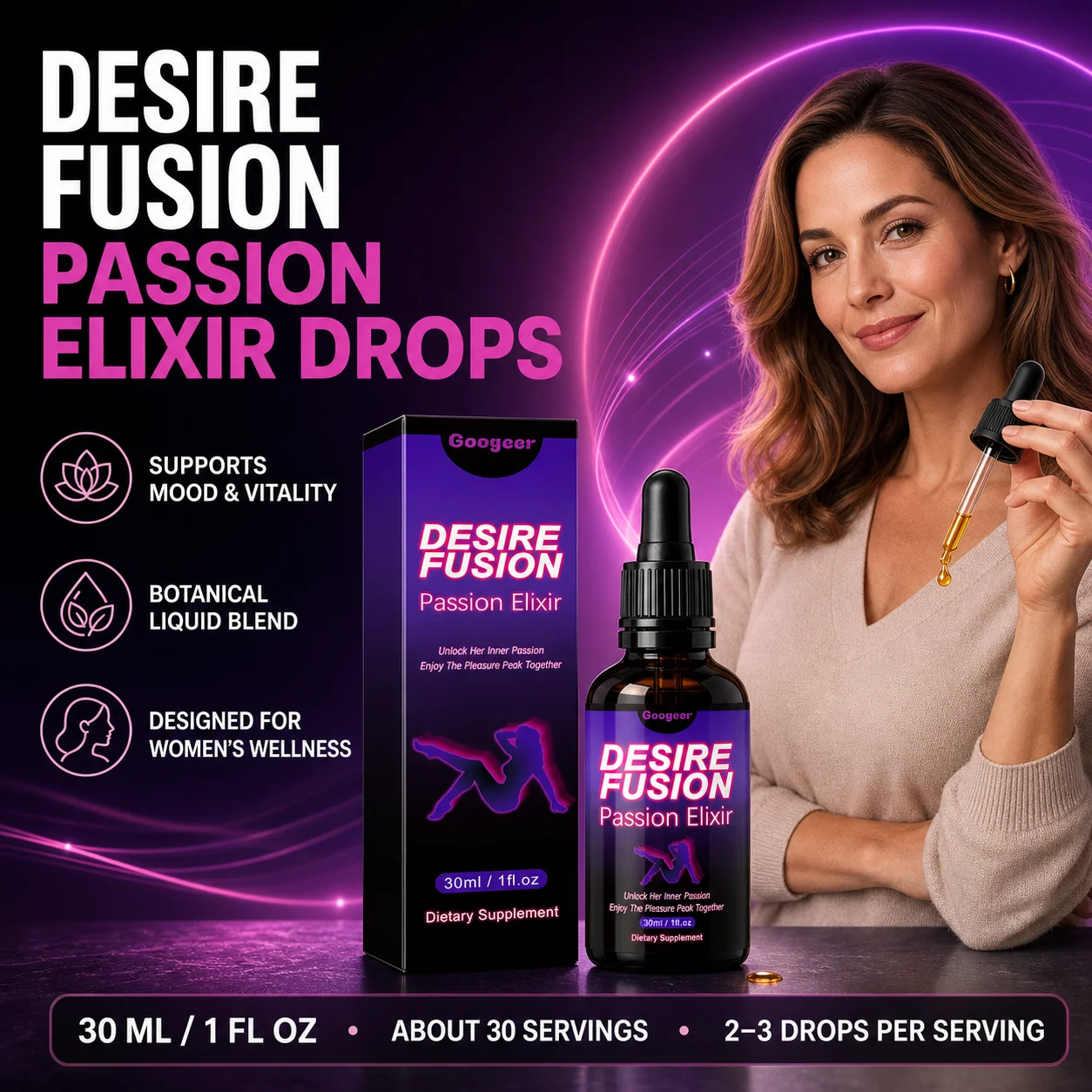Googeer Desire Fusion Passion Elixir 30ml Drops for Libido Support with Damiana Epimedium Maca Ginseng Ginkgo Biloba Natural