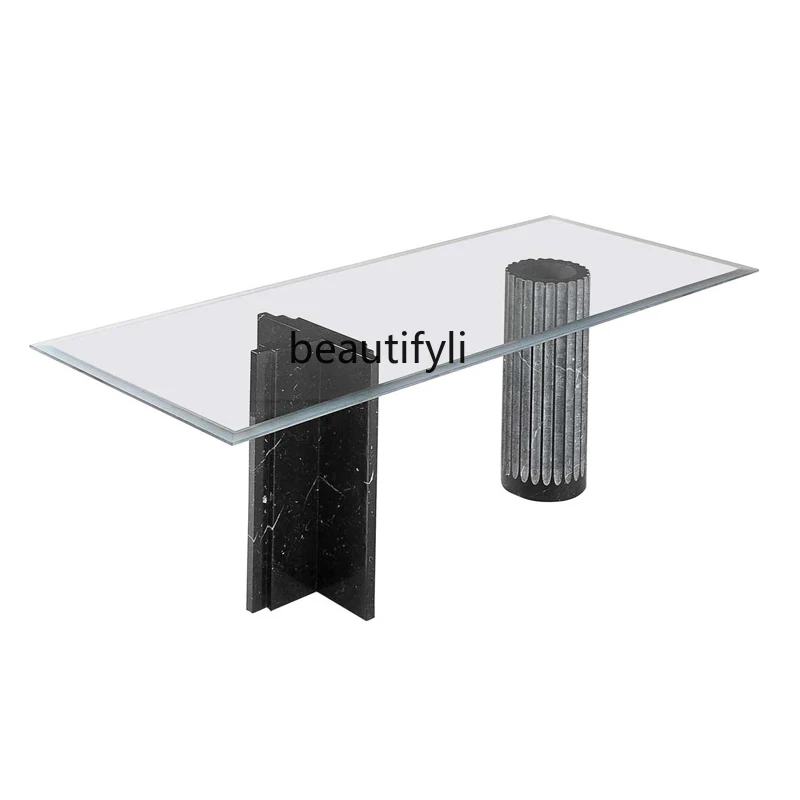 

Modern simple tempered glass black and white marble dining table, designer light luxury 6-person living room dining table