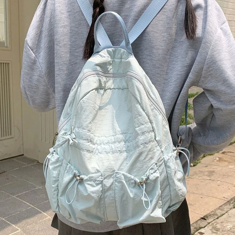 Japanese Simple Nylon Casual Backpack Vintage Y2k Aesthetic Drawstring Schoolbags All Match Fashion Chic Backpacks for Students