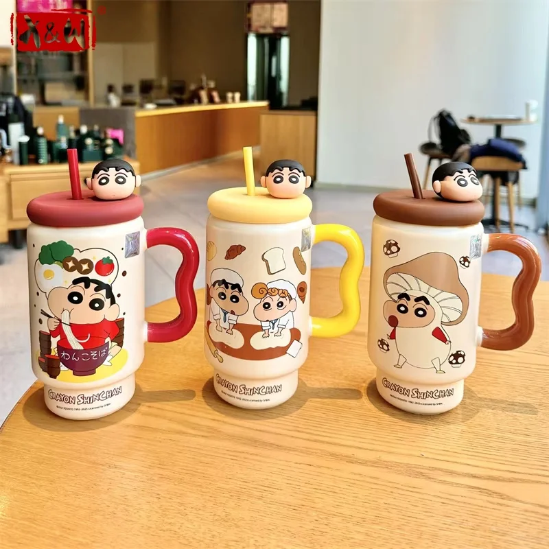 X&W Crayon Shin-Chan Cartoon Ceramic Mug 600ML Straw Water Cup with Doll Ornament＆Handle Home/Office Breakfast Oat Milk Cups