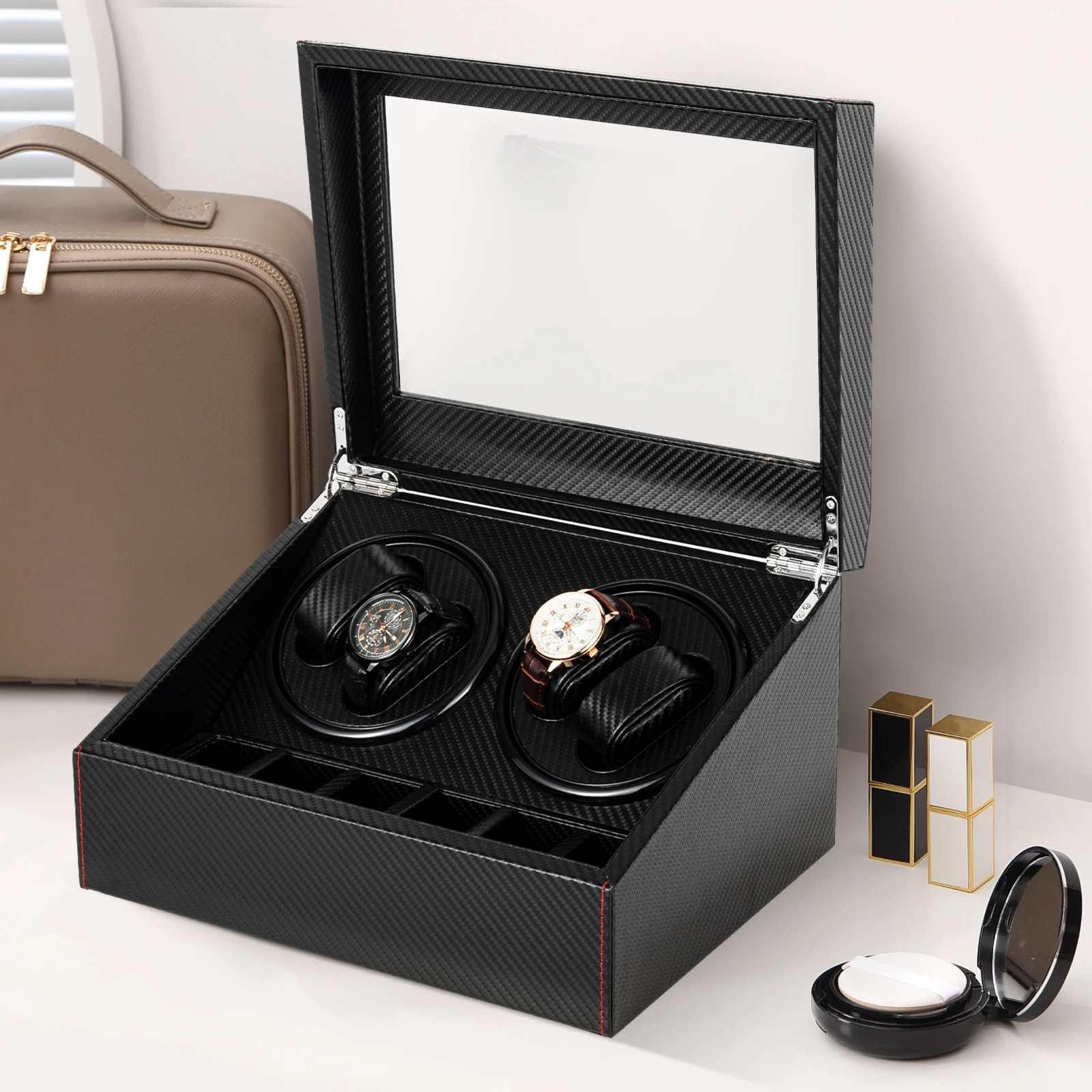 

Watch Winder Box with Silent Bidirectional Motor & Carbon Fiber PU Leather, 4 Rotating +6 Storage Compartments for Men/Women