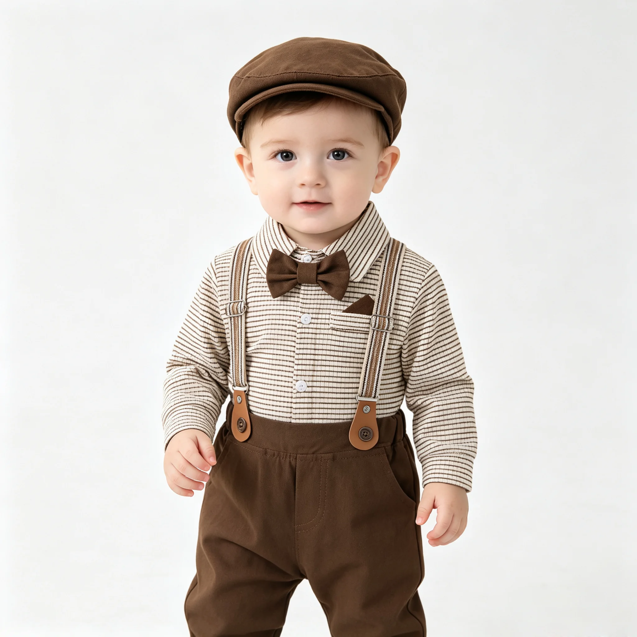 男の子の赤ちゃん-5-点セットヴィンテージ紳士服ストライプ長袖ボディスーツサスペンダーパンツ蝶ネクタイキャスケット帽子洗礼新生児スーツ