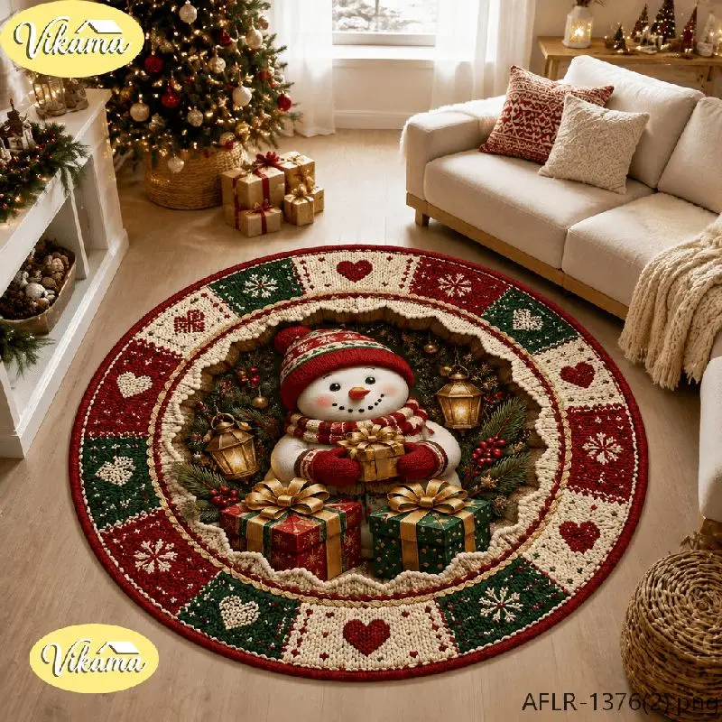VIKAMA Christmas Round Rug Snowman Holding Gift Box Scarf Area Rug Living Room Holiday Home Decor Aesthetic Art Large Premium