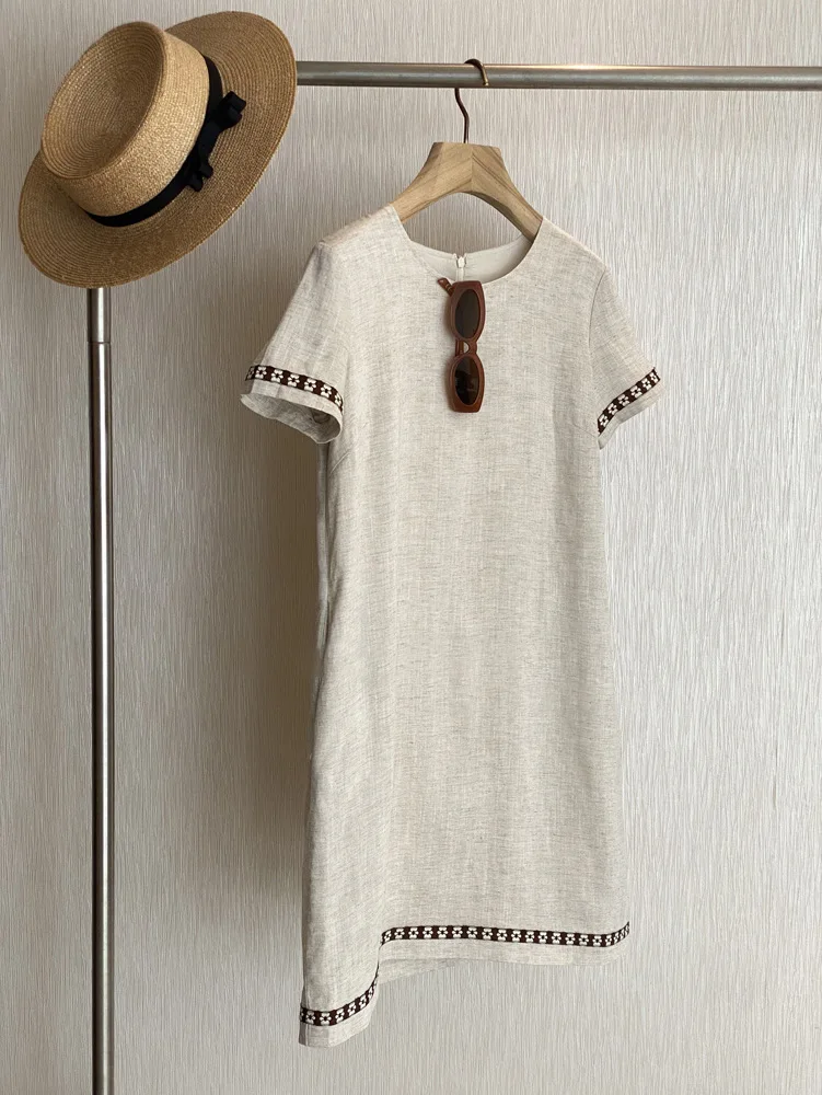 

Summer women's casual solid color round neck short sleeved embroidered decorative dress