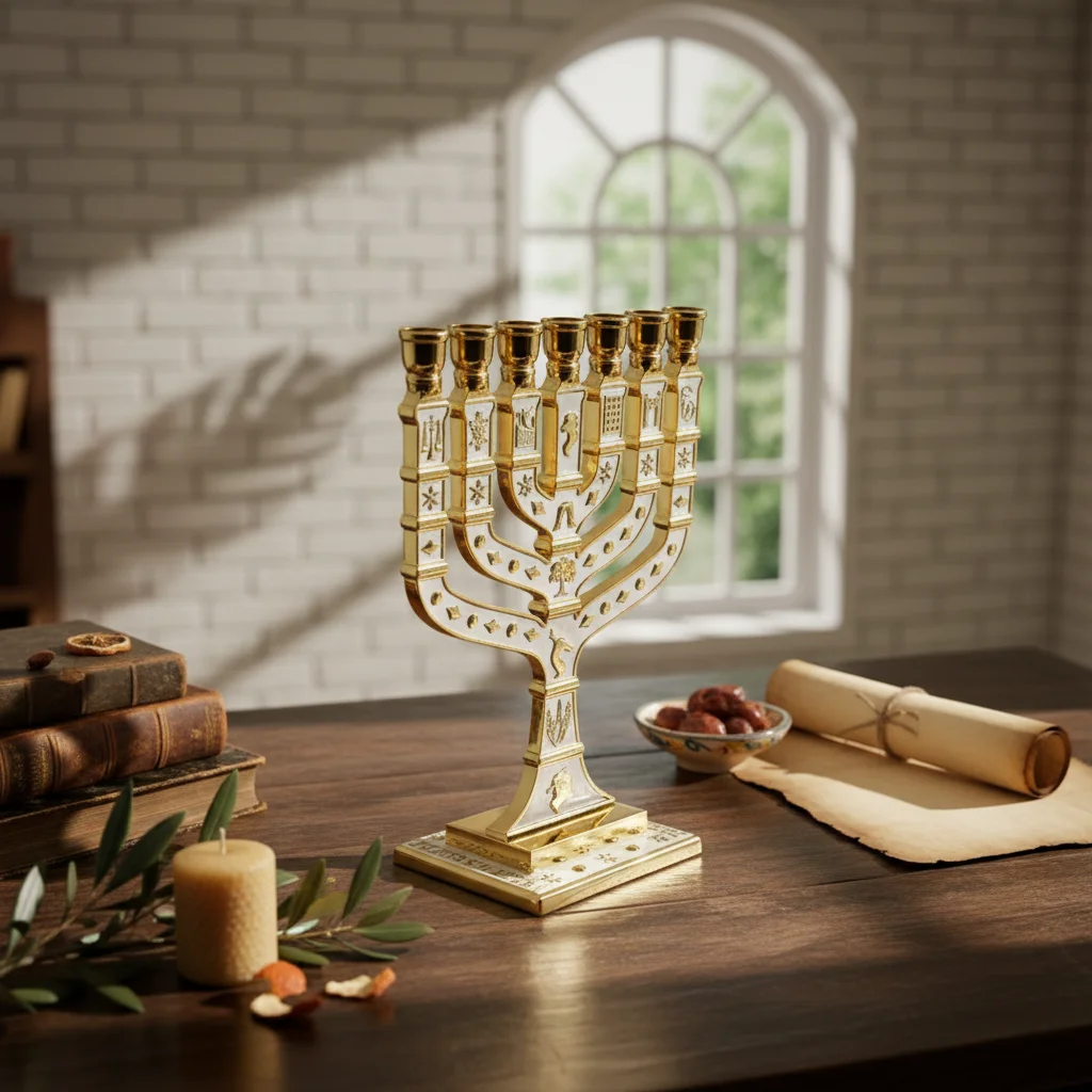 7 Branch Menorah Religious Gift Jewish Menorah Jewish Candlestick Stable Base Ritual Decor Golden Finish for Jews, Synagogue
