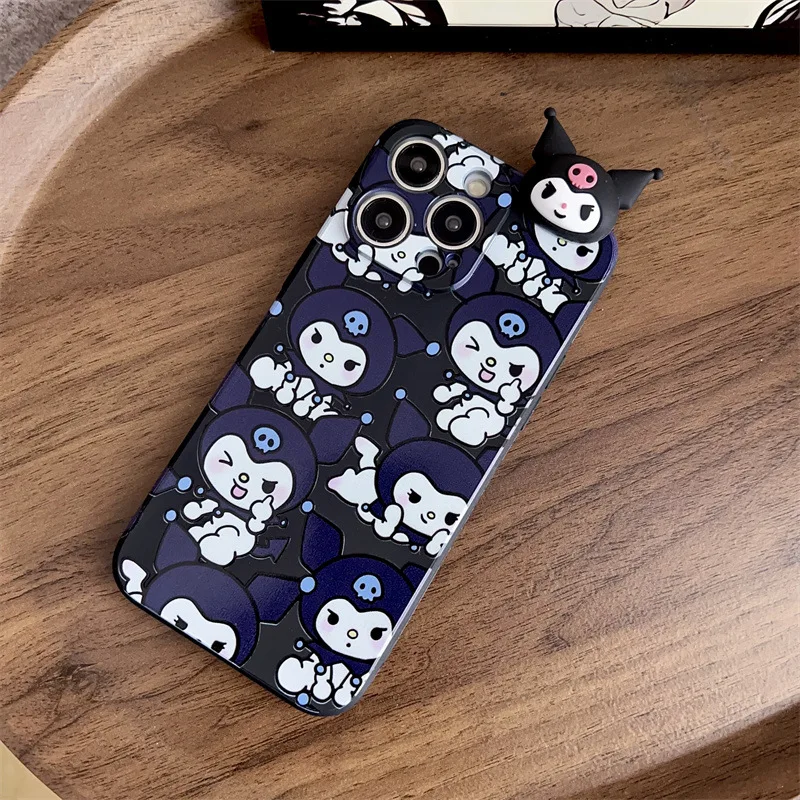 Funda de teléfono con cordón y soporte Kuromi de dibujos animados Kawaii 3D para iPhone 16 15 14 13 12 mini 11 Pro Max XS X XR 7 8 Plus, funda a prueba de golpes