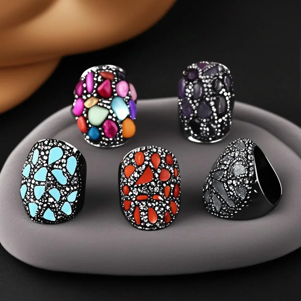 

5pcs Mix Handmade Hematite Turquoise Amethyst Crystal Finger Rings Inlaid with Gravel 18K Gold Color Retention Statement Jewelry