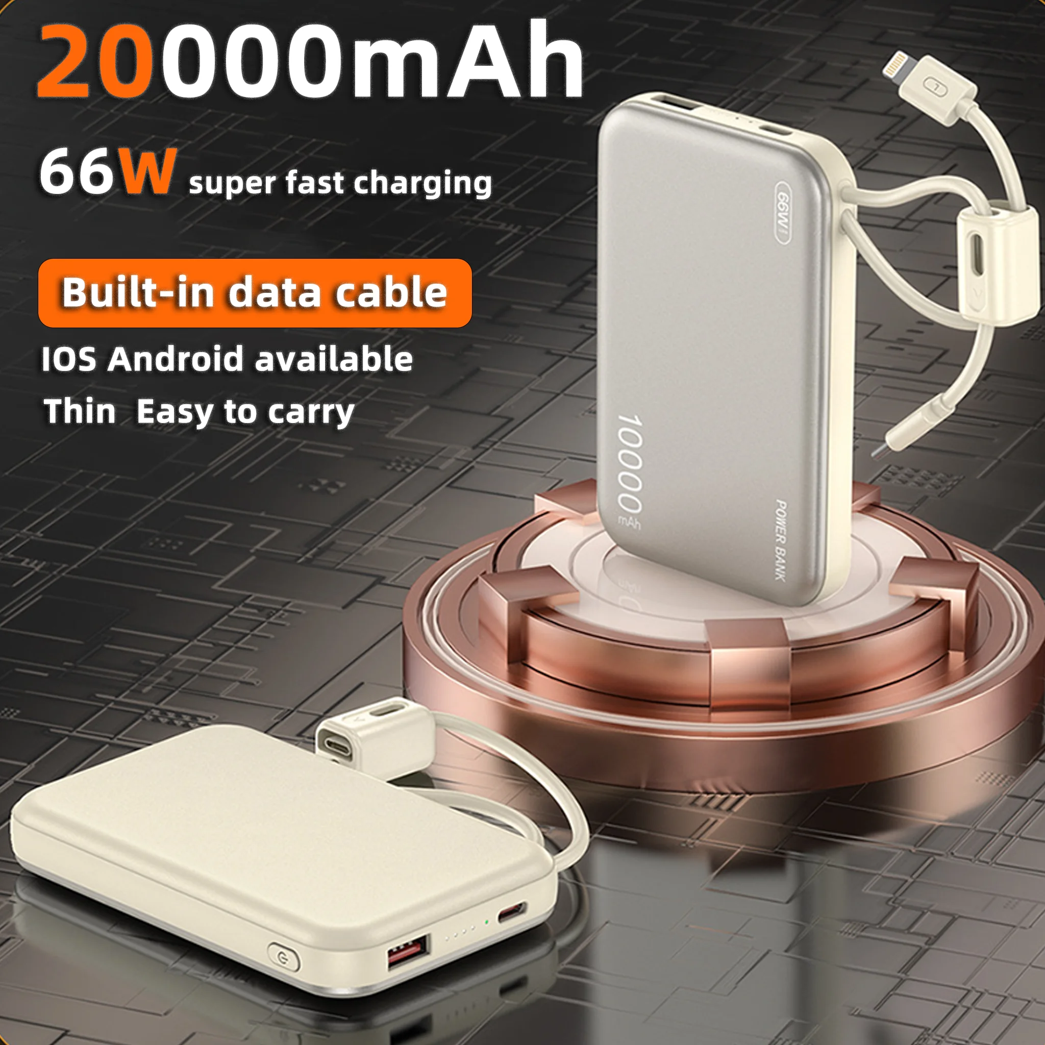 

Портативный внешний аккумулятор большой емкости 20000 мАч, ультратонкий аккумулятор, встроенный зарядный кабель 66 Вт, быстрая зарядка для IOS и Android