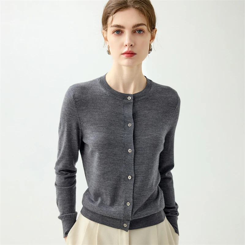 Women's Slim Fit Wool Cardigan round Neck Knitted Sweater Soft Versatile Top Single Breasted Loose Jumper Solid Color