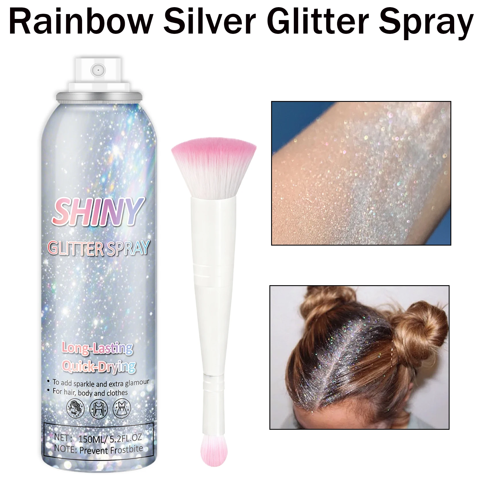 

Лидер продаж 2025, голографический Радужный серебряный блестящий спрей для волос, тела, быстросохнущие, долговечные блестящие рождественские украшения