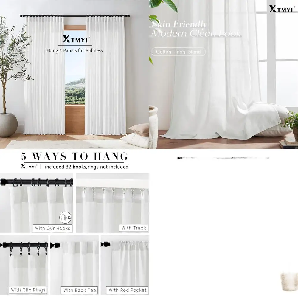 120 Inch Semi-Transparent Linen Cotton Blend Curtains, 2-Panel Set with Clip Rings, XL Rod Pocket, 50x120