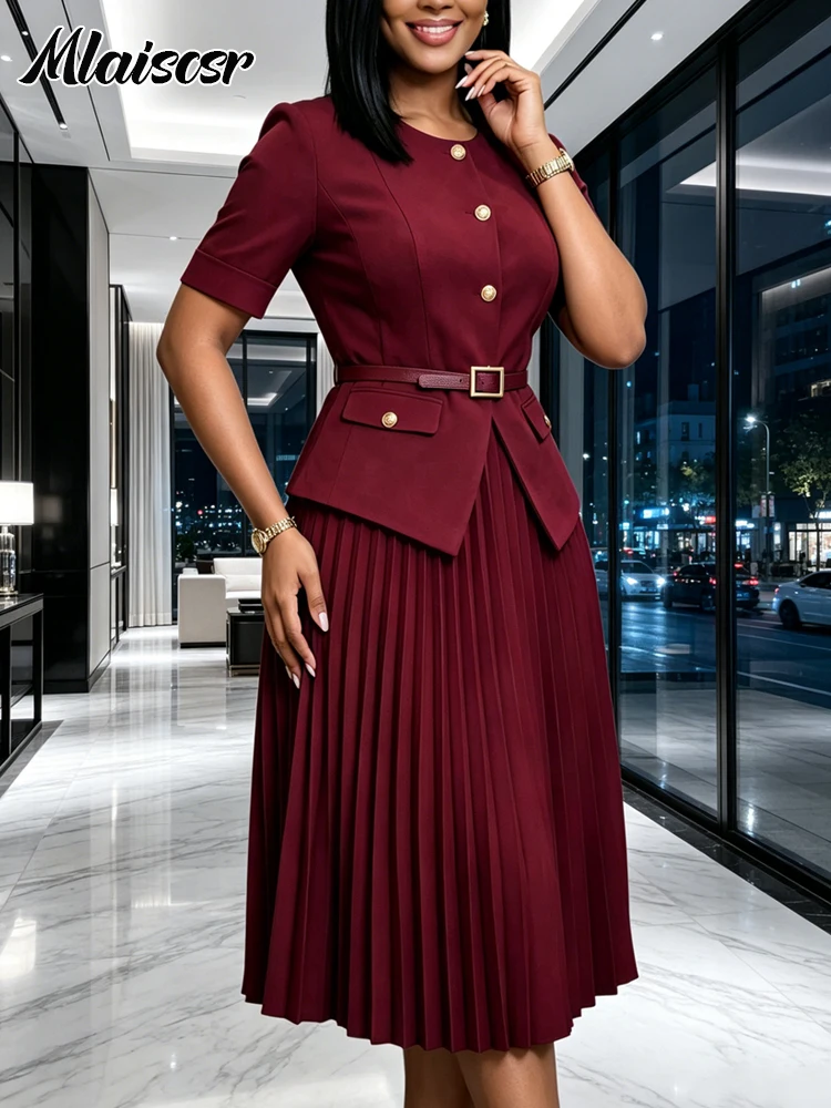Mlaiscsr Summer Fall Women Burgundy Pleated Midi Dress Blazer Style Short Sleeve Buttons Side Pocket Details Belt Formal Modest