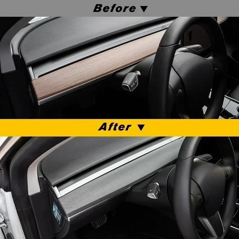 Car Door Side Trim Dashboard Cover For Tesla Model 3 Y Carbon Fiber Pattern Front Interior Dashboard Central Control Trim Strip