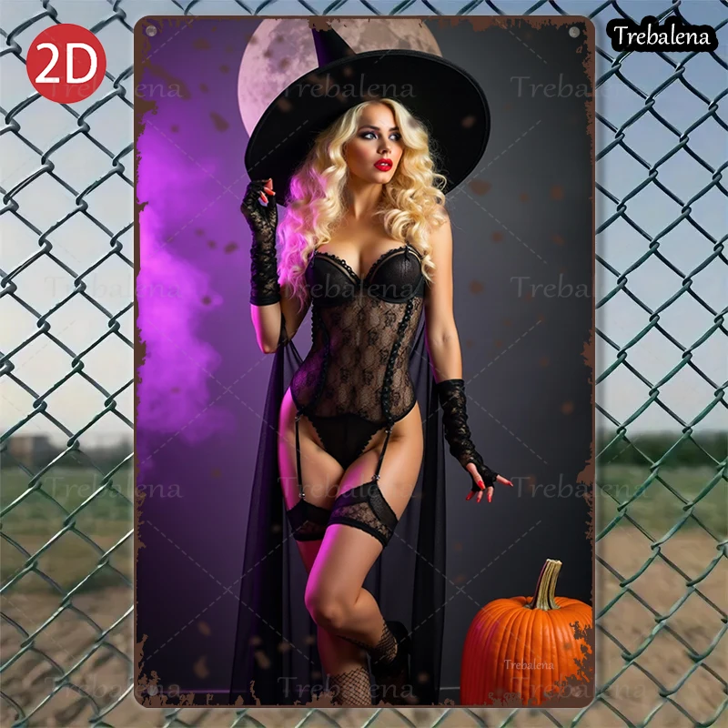 

1PC 2D Flat 8*12inch Metal Sign Sexy Witch Halloween Decorative Metal Sign