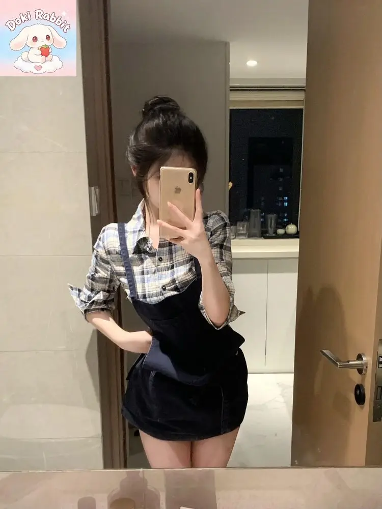 Korean Fashion Elegant Women's 2 Piece Set Plaid Long Sleeve Shirt + Design Black Suspender Skirt Y2k Summer Streetwear Outfits view 2