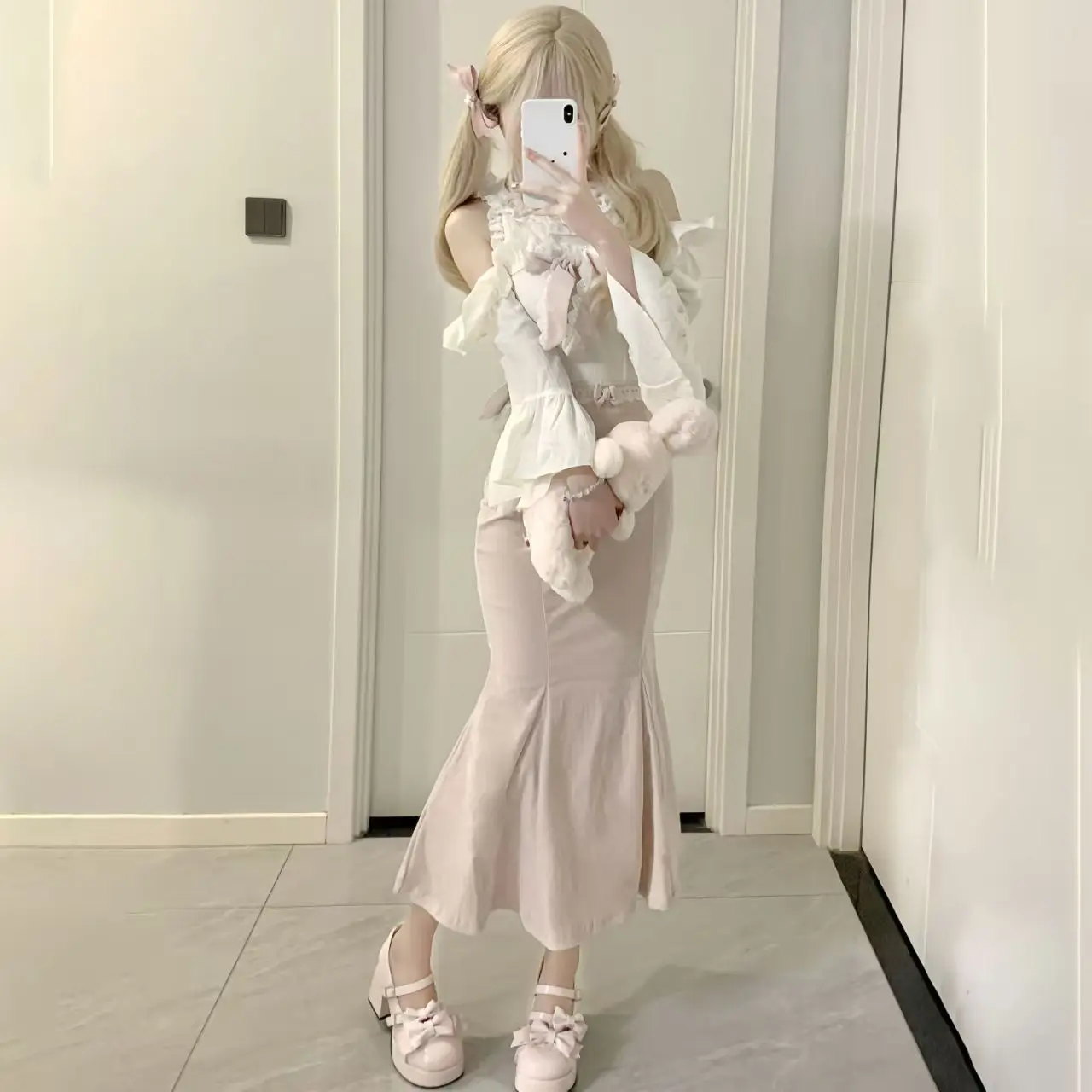 بلوزة نسائية بقصة ضيقة مع فيونكة مكشكشة كورية Y2K أنيقة يابانية على طراز لوليتا الحلو مع تنورة ميدي للحفلات الوردية