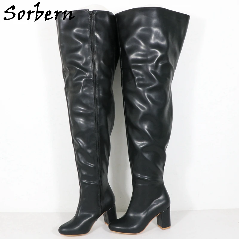 Sorbern Custom Extra Wide Boots Women 8Cm Block Mid Heels Round Toe Chunky Heeled Unisex Mid Thigh Boot Zipper Up