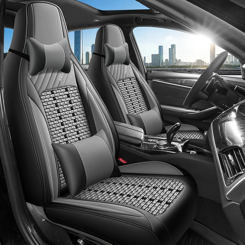 

Front Single Seat, Luxurious Pu Leather and Ice Silk Full-Cover Integrated Car Seat Cover, Universal, Breathable and Not Stuffy, Suitable for All Seasons, Fits the Seat Well, with Three-Dimensional Side Support, Paired with Comfortable Headrest and Lumbar
