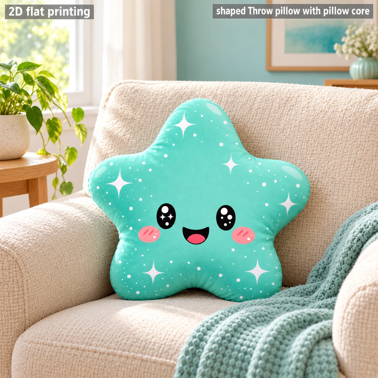 Cute Smiling Turquoise Star Shaped Throw Pillow with Core Soft Polyester 2D Print Cushion for Sofa Bedroom