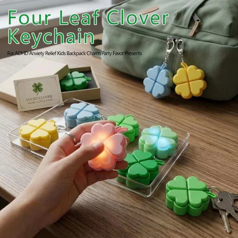 Four Leaf Clover Pop Keychain Silicone Light Up Fidget Toy Kids Backpack Charm Party Favor Gift For Adhd Anxiety Relief