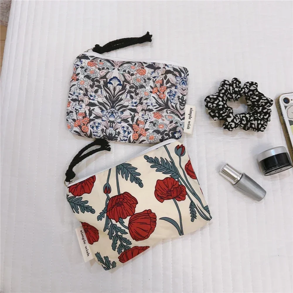 Retro Zipper Coin Purse Floral Print Small Cosmetic Bag Makeup Bag Key Data Cable Storage Bag Canvas Coin Pouch Card Holder Bags