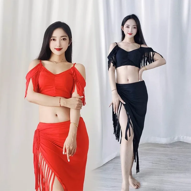 Costumi di danza del ventre personalizzati Abito da pratica Abito da performance ispiratore con striscia infrangia modale Gonna con nappe fatta a mano