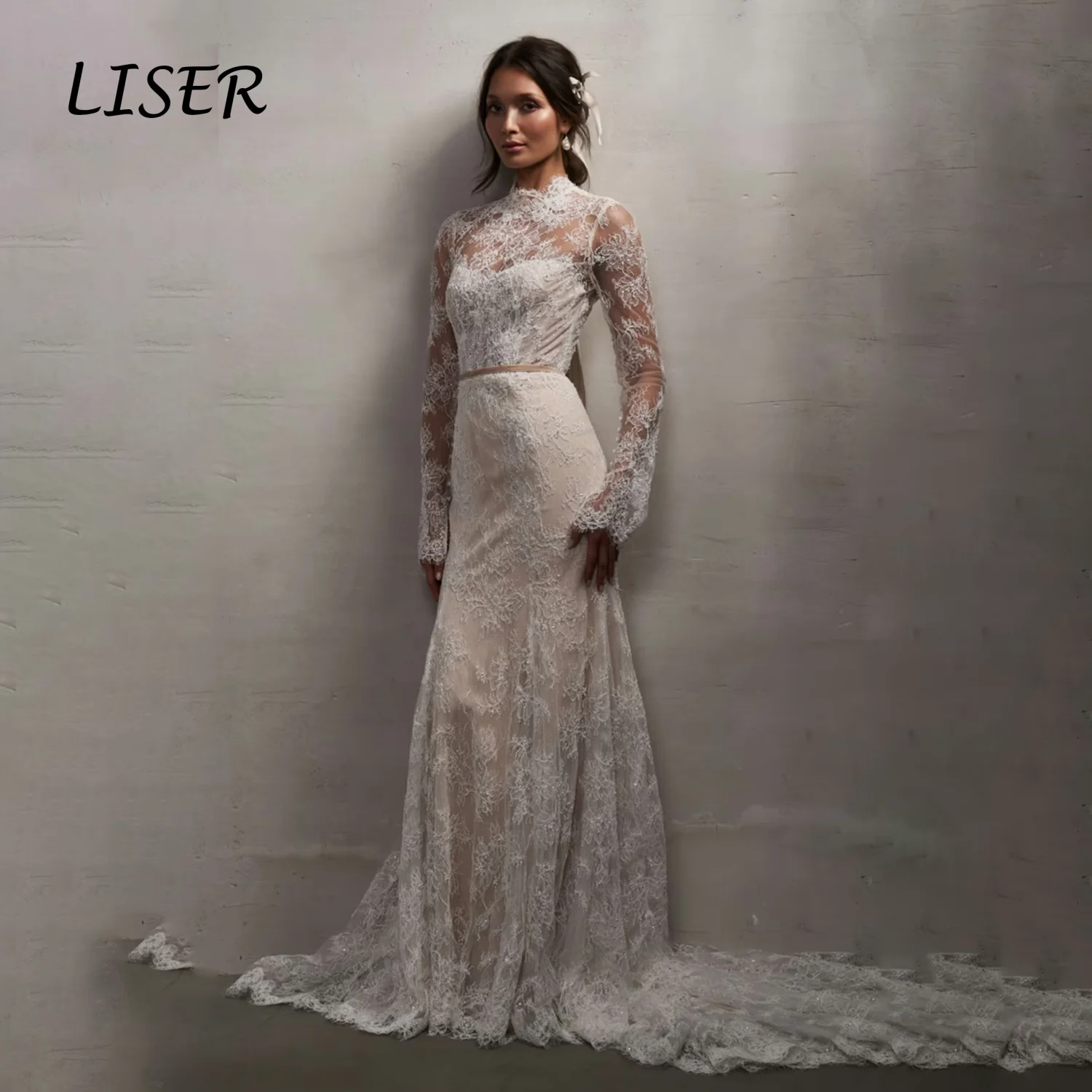 Liser Customized Ivory High Neck Flare Long Lace Sleeve A-line Sweep Train Wedding Dress Thin Waist Belt Robe De Mariée 2026