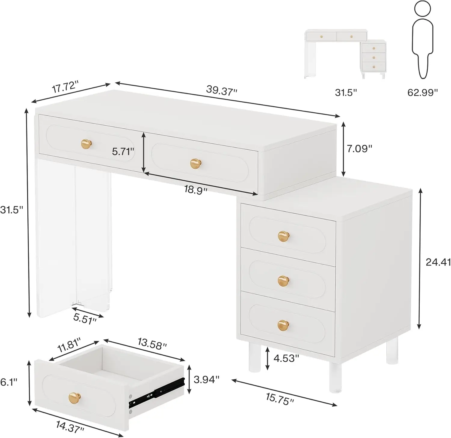 White Computer Desk, Modern PC Desk with 5 Drawers and Acrylic Legs, Extendable Study Writing Table Workstation