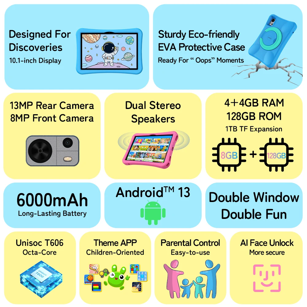 UMIDIGI G5 Tablet anak-anak, Tablet Android 13 10.1 inci Quad Core untuk belajar 4GB 128GB 6000mAh