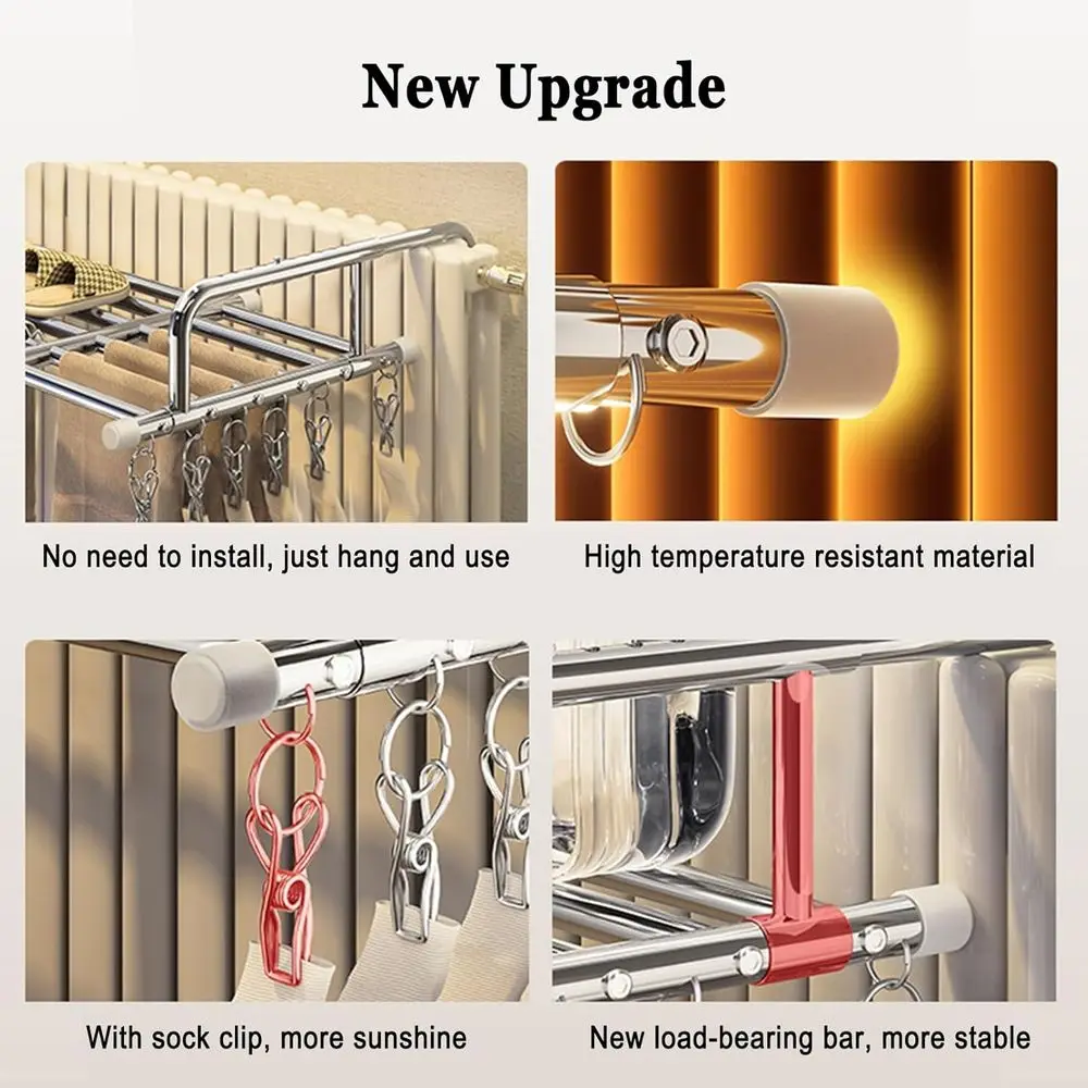 Collapsible Outdoor/Indoor Stainless Steel Clothes Drying Rack with Sock Clips, Heat Resistant, Adjustable for Balcony or Window