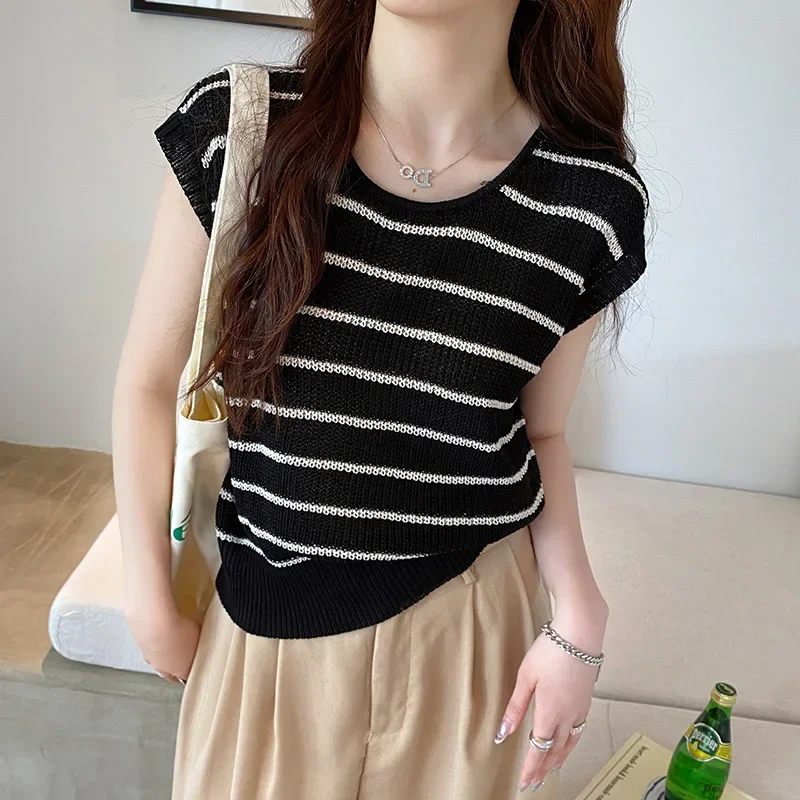 Knitted Striped Suspender Vest Women's Summer Loose Sleeveless T-Shirt Xiaofei Sleeve Top