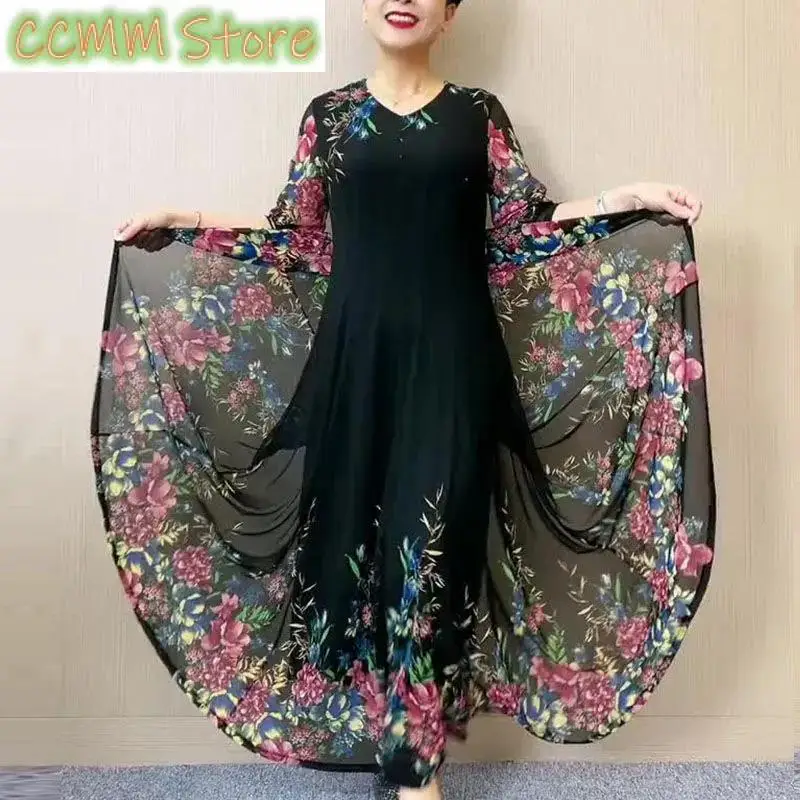 

Fashion Broken Flowers Gauze Dresses Vintage Folk Female Clothing Casual V-Neck Spring Summer 3/4 Sleeve A-Line Waist Long Dress