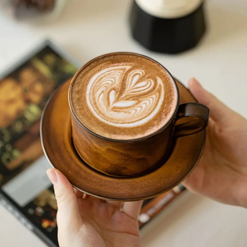 Japanese Retro Coffee Cup and Plate Set Large Capacity 250ml Ceramic Cappuccino Cup Milk Cup Kiln Made Coarse Pottery Mug