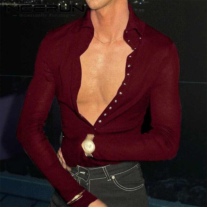 INCERUN Męska Koszula Patchworkowa z Klapami, Długi Rękaw, Zapinana na Guziki, Casualowa Odzież Męska, Camisas Streetwear, Moda Męska 2025, Koszule Męskie S-3XL