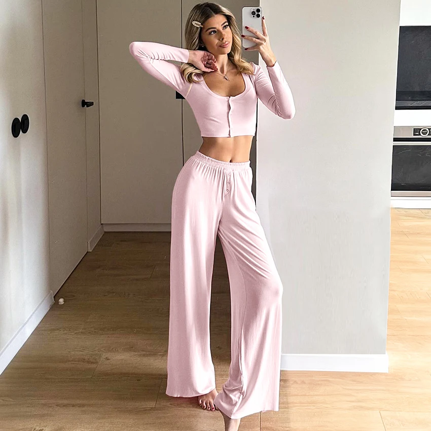 

HiLoc Casual Knit Pants Suits Sleepwear Home Crop Top Blouse With Elastic Waist Pant 2 Piece Sets 2026 Sport Trousers Pajamas
