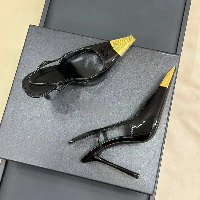 2026 Summer New Style Metal Pointed Toe Sandals Slingback Women\'s Black Sexy 7/9/11Cm Stiletto Heels Shallow Fashion High Heels