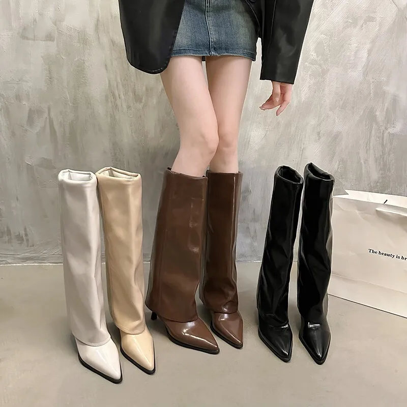 

Sharp Pointed Thin Heel Long Tube Boots, 2024 Autumn And Winter New Item, Beige Slimming High-heeled Pants Boots, Niche