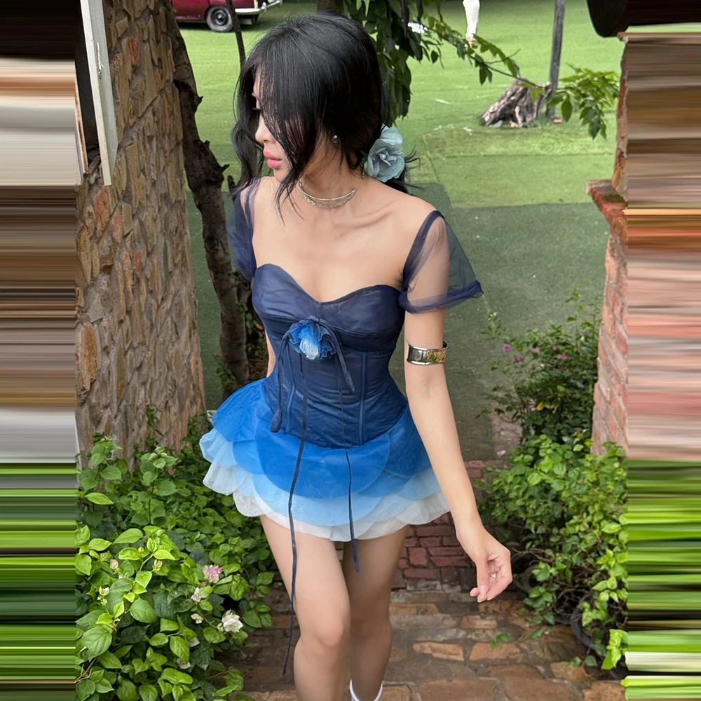 Novo Vestido de Festa com Rendas em Malha, Flores Bonitas, Tule em Camadas, Vestido Mini de Verão para Mulheres, Vestido de Coquetel Off-Shoulder