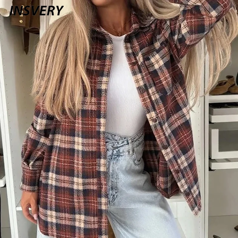 

Новая осенне-зимняя повседневная контрастная клетчатая однобортная шерстяная куртка с карманами и длинными рукавами, женская рубашка на пуговицах, блузка