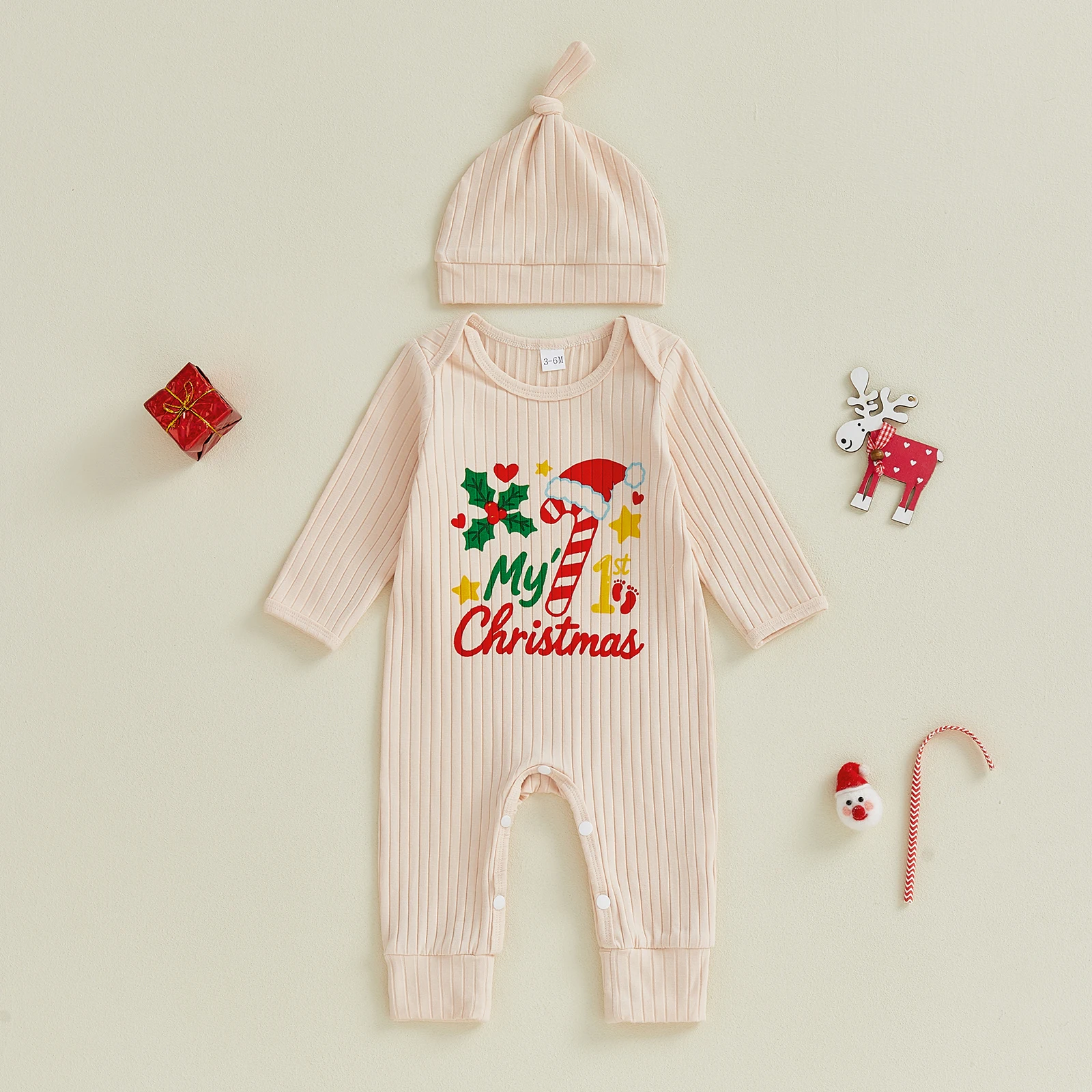 Baby My First Christmas Ribbed Romper Letter Candy Cane Print Long Sleeve Round Neck Jumpsuit with Hat 2 Pcs Set